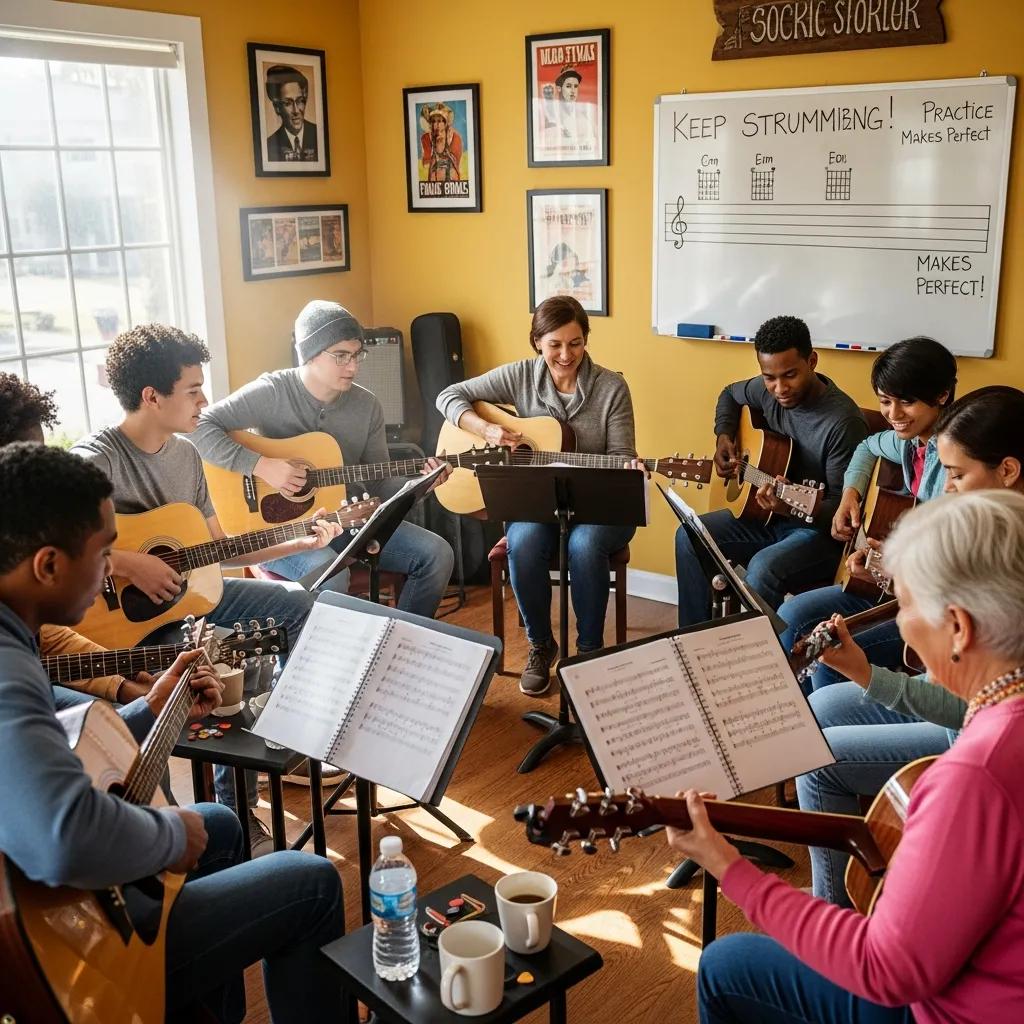 Group of diverse students enjoying guitar lessons in a cozy studio