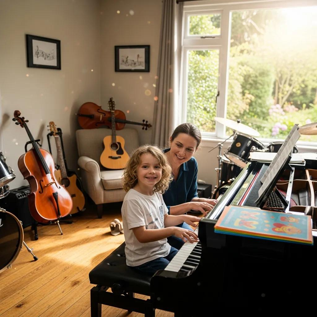 Child enjoying a private piano lesson with a friendly instructor