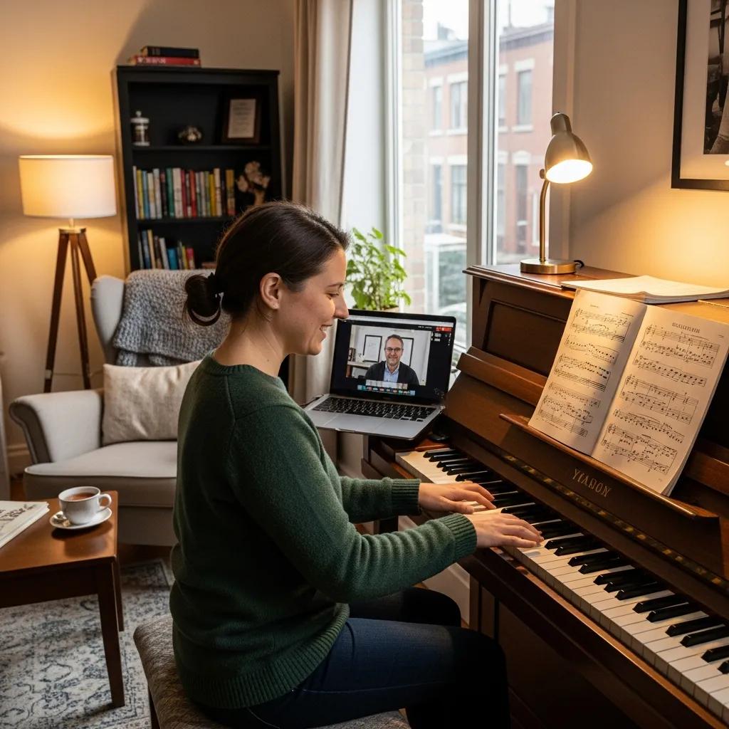 Adult learner practicing piano at home with sheet music and laptop
