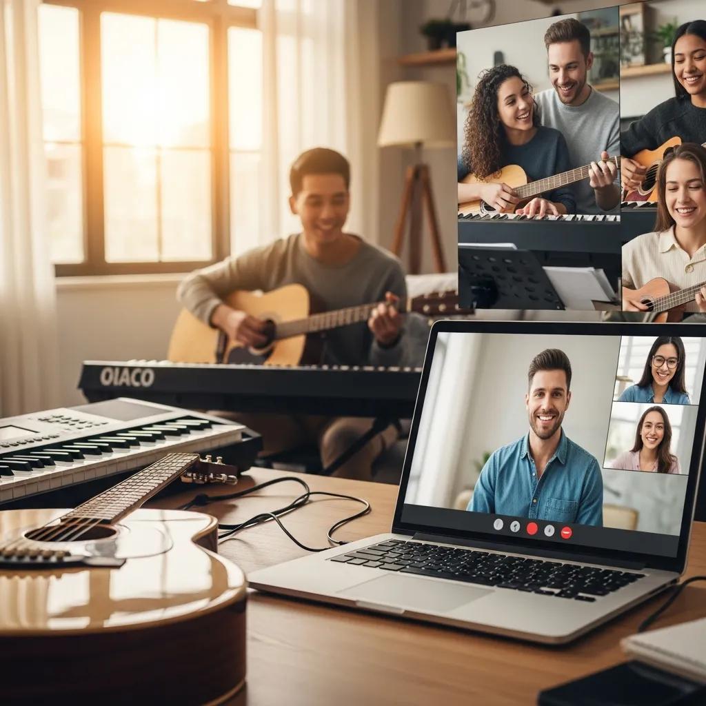 Estudiantes de música participando en una clase en línea con instrumentos en un ambiente hogareño acogedor