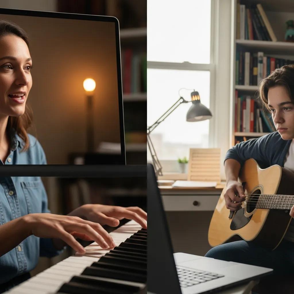 Instructor de música proporcionando retroalimentación personalizada a un estudiante durante una lección en línea