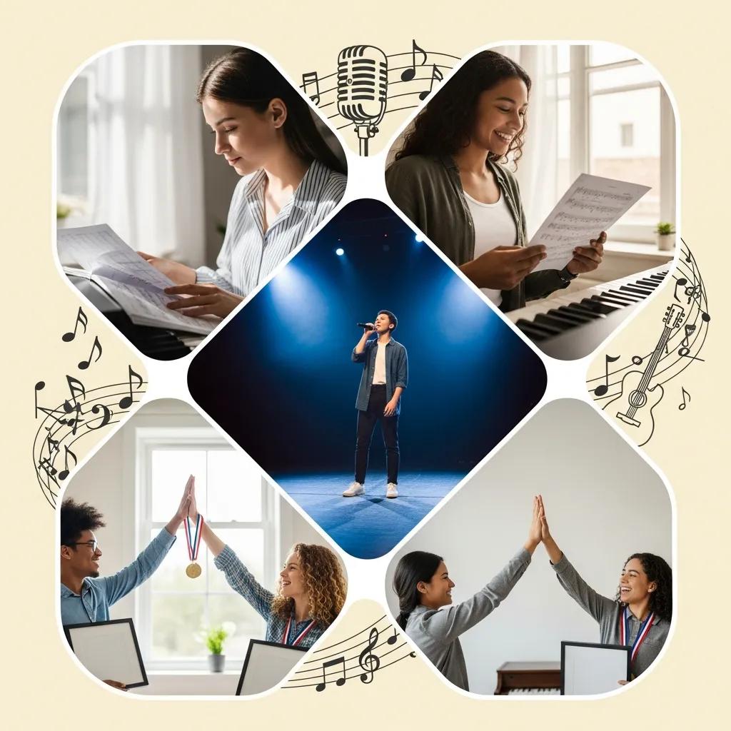 Collage of students celebrating their singing achievements, illustrating the positive impact of online vocal coaching