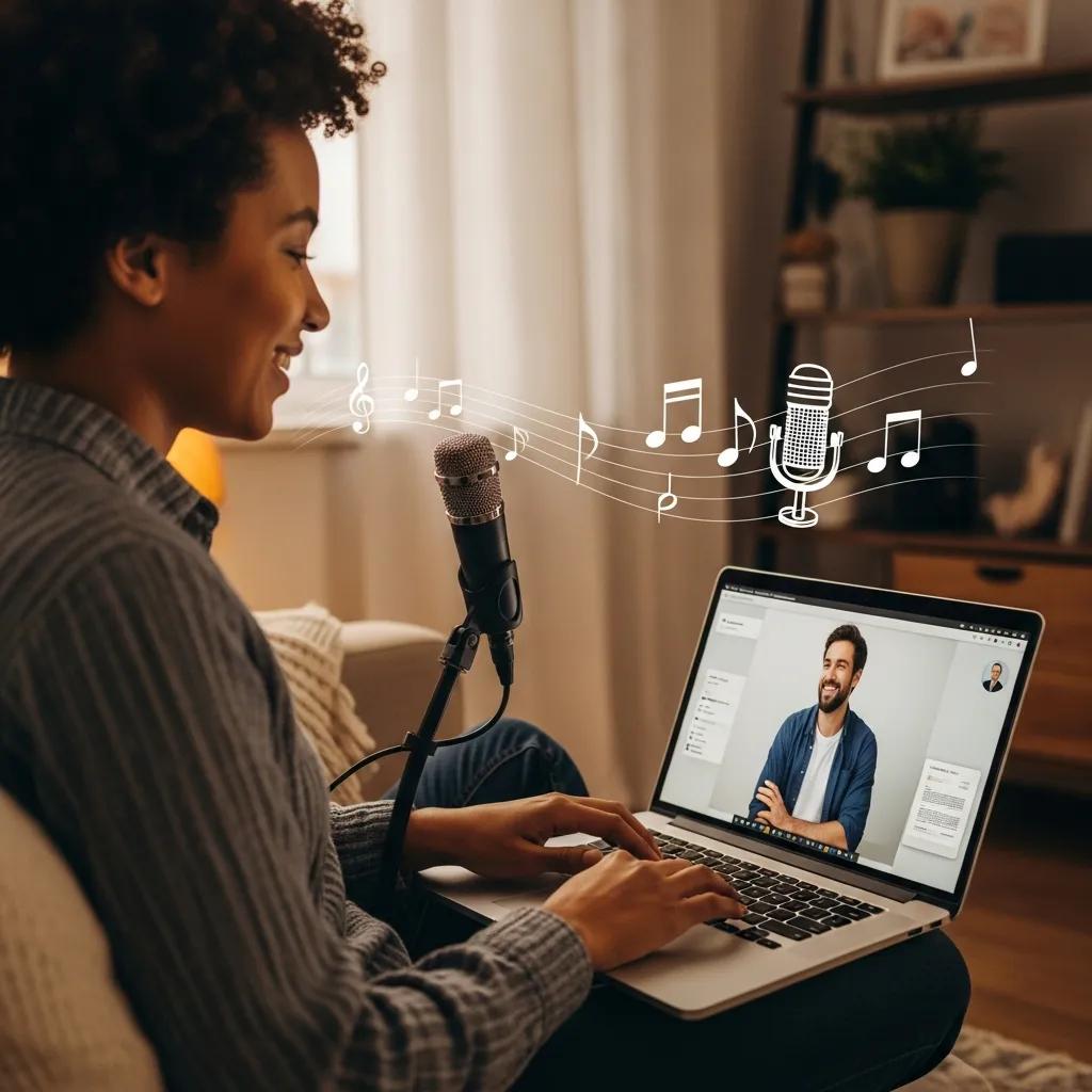 Person engaged in an online singing lesson with a vocal coach on a laptop, showcasing the accessibility of virtual vocal training