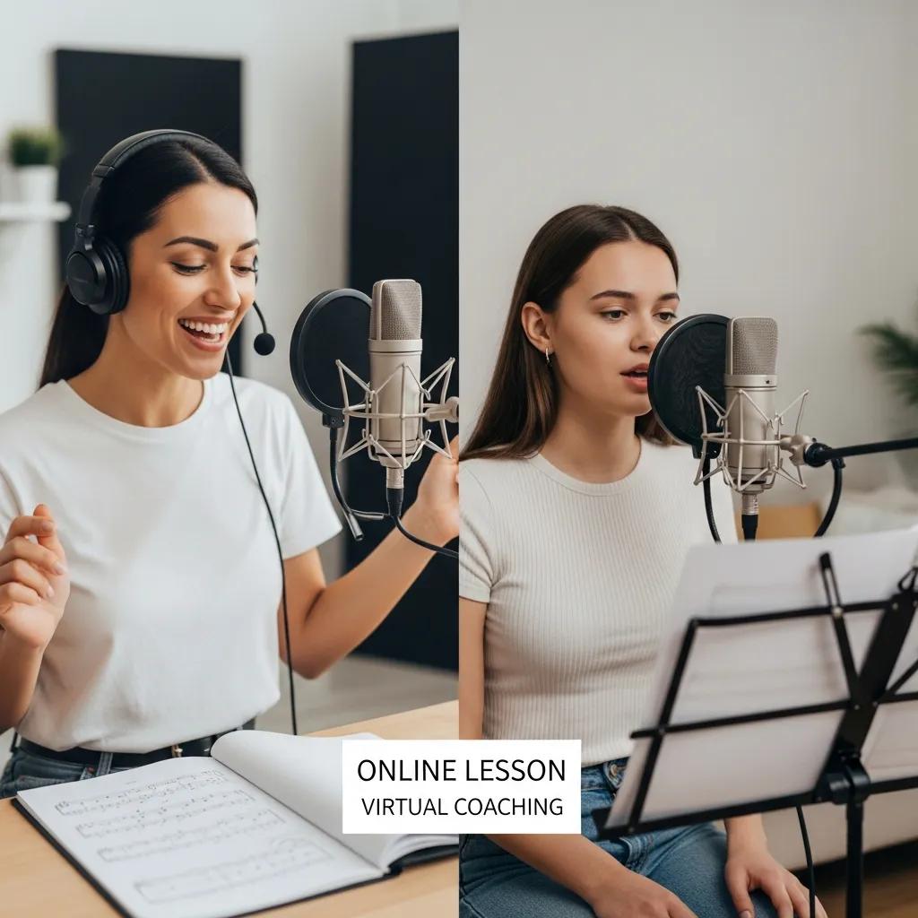 Vocal coach demonstrating techniques to a student during an online lesson, highlighting the importance of qualifications in vocal training