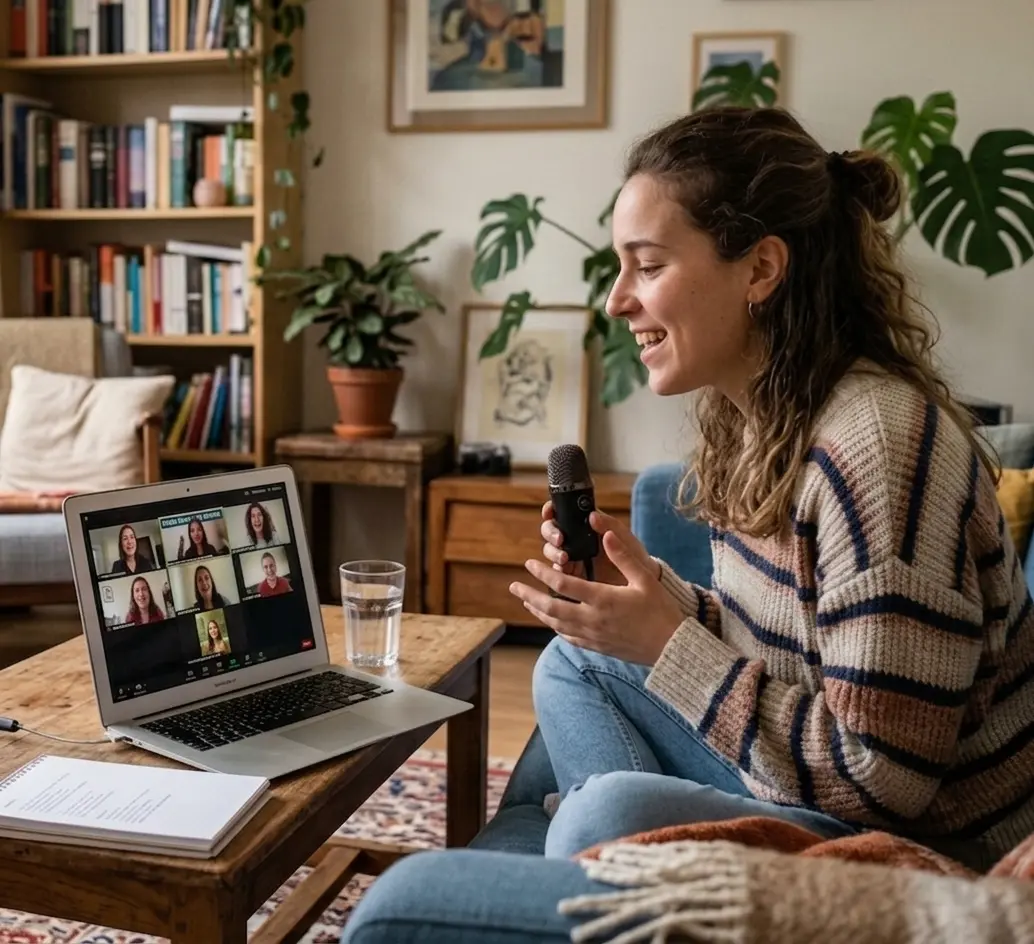 Participants profitant de cours de chant en groupe en ligne dans un cadre virtuel motivant