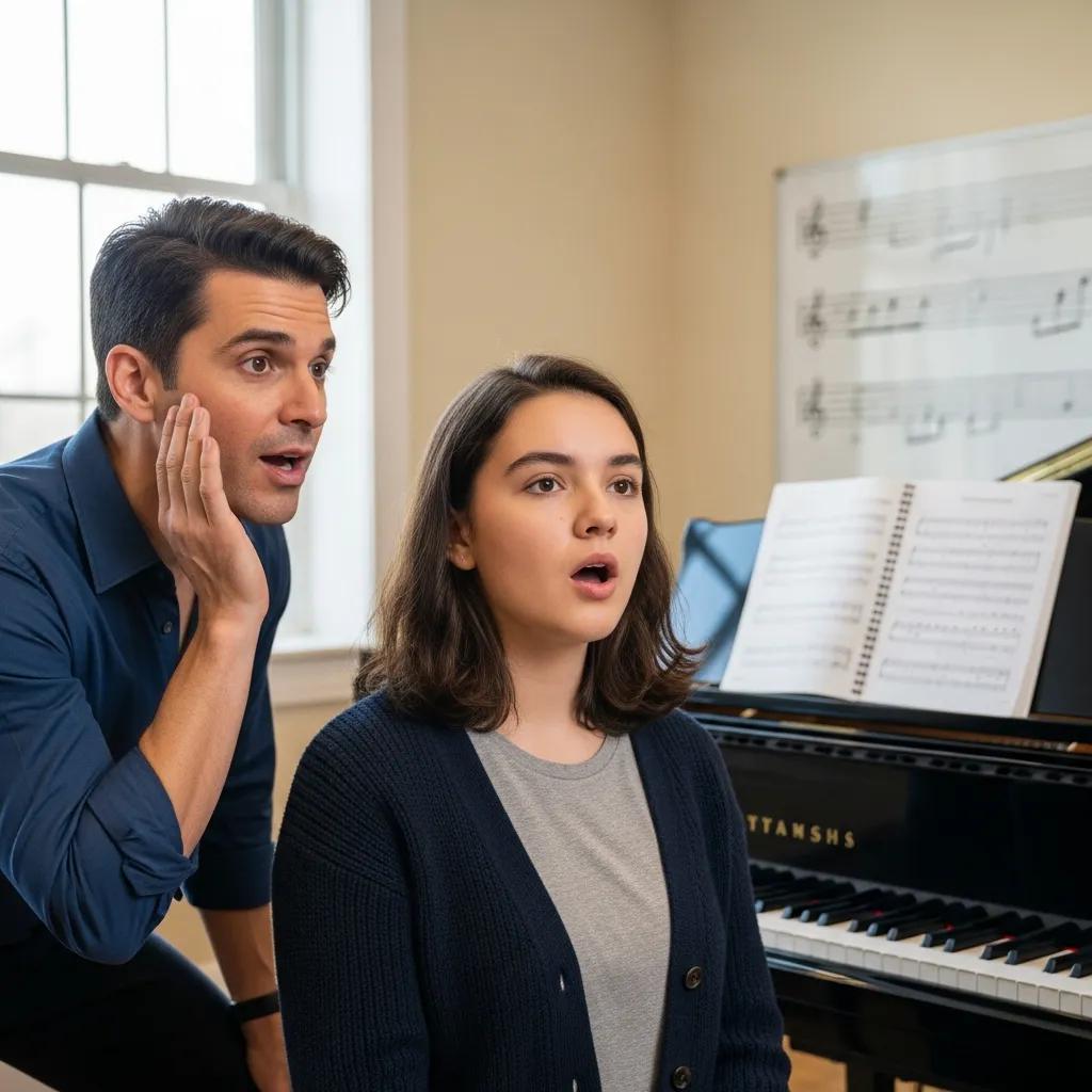 Vocal coach demonstrating technique exercises with a student in a singing lesson