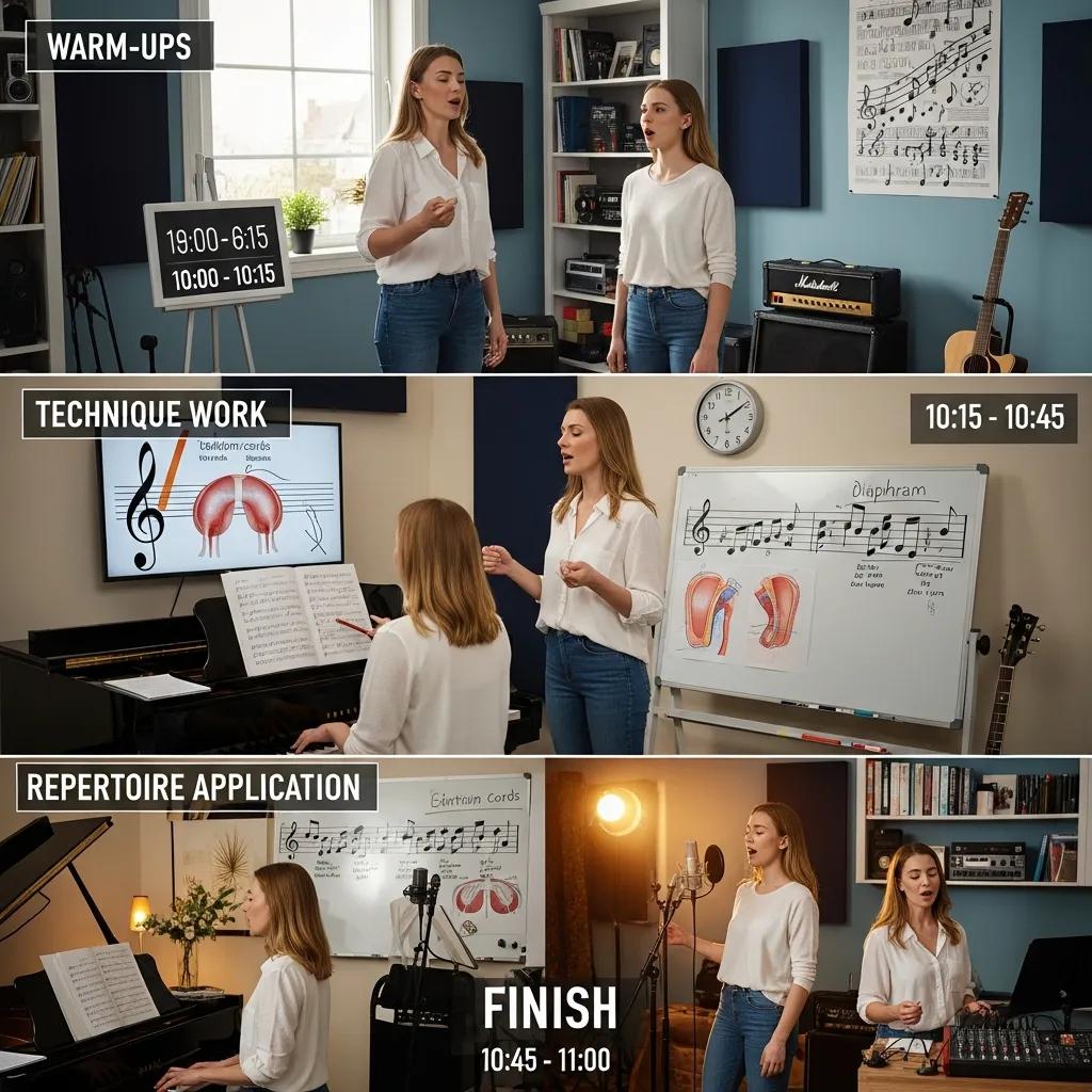 Typical singing lesson structure with a coach and student in a music studio